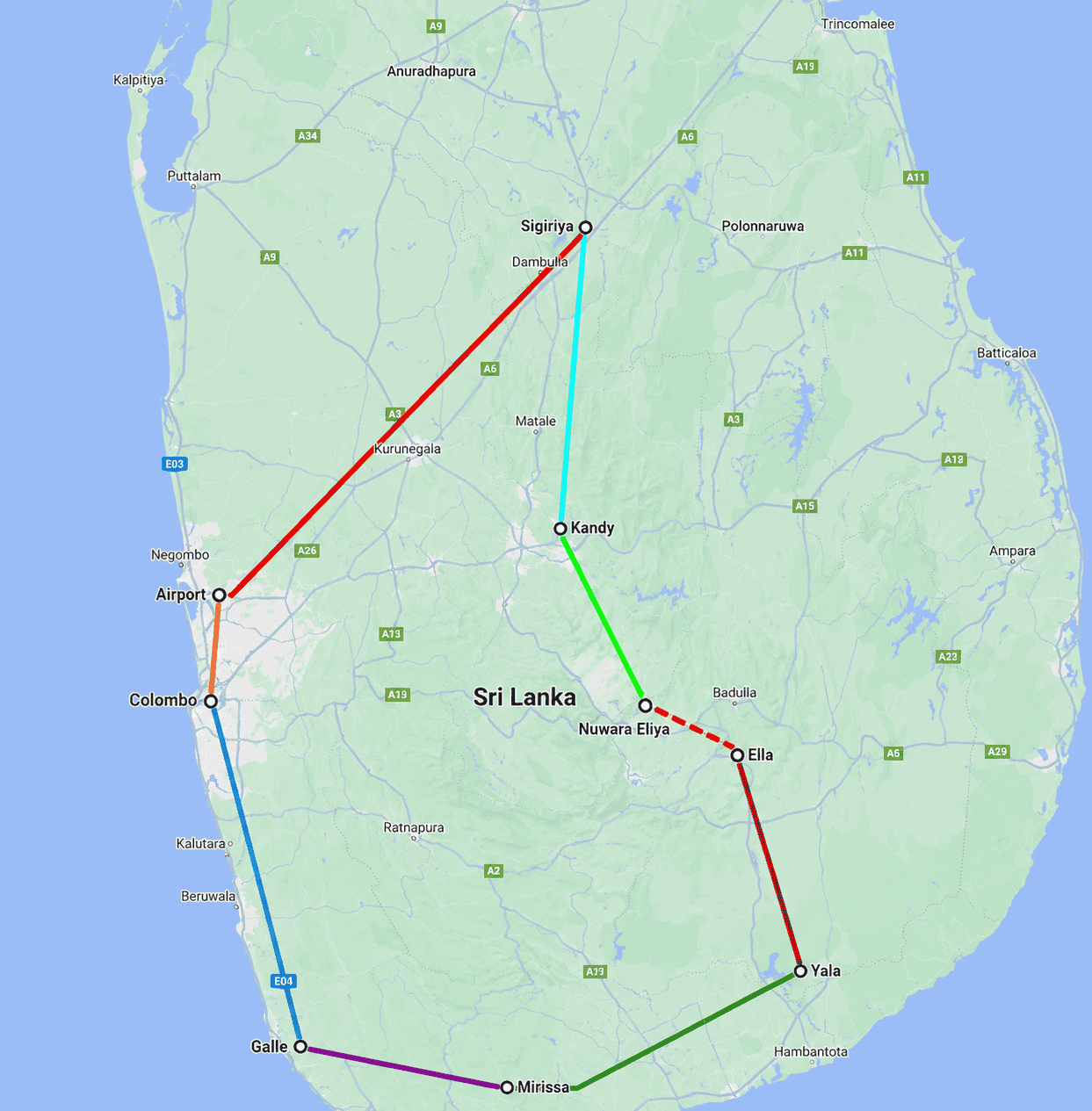 10-Day Tour Route Map — Sri Lanka