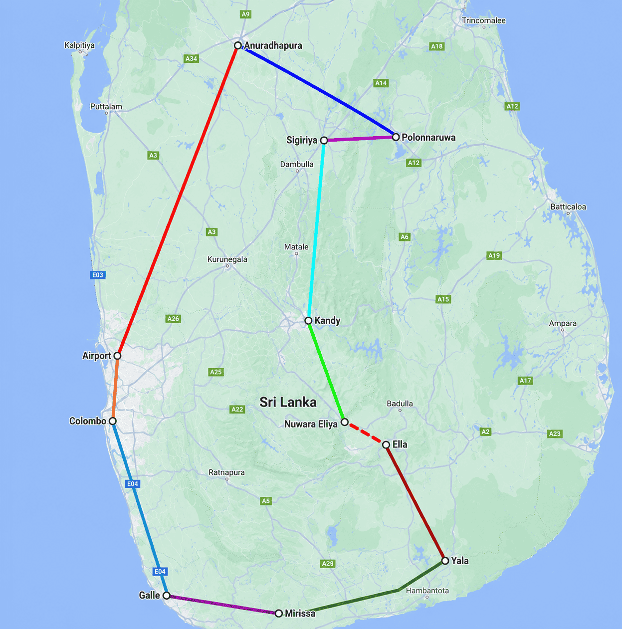 14-Day Tour Route Map — Sri Lanka
