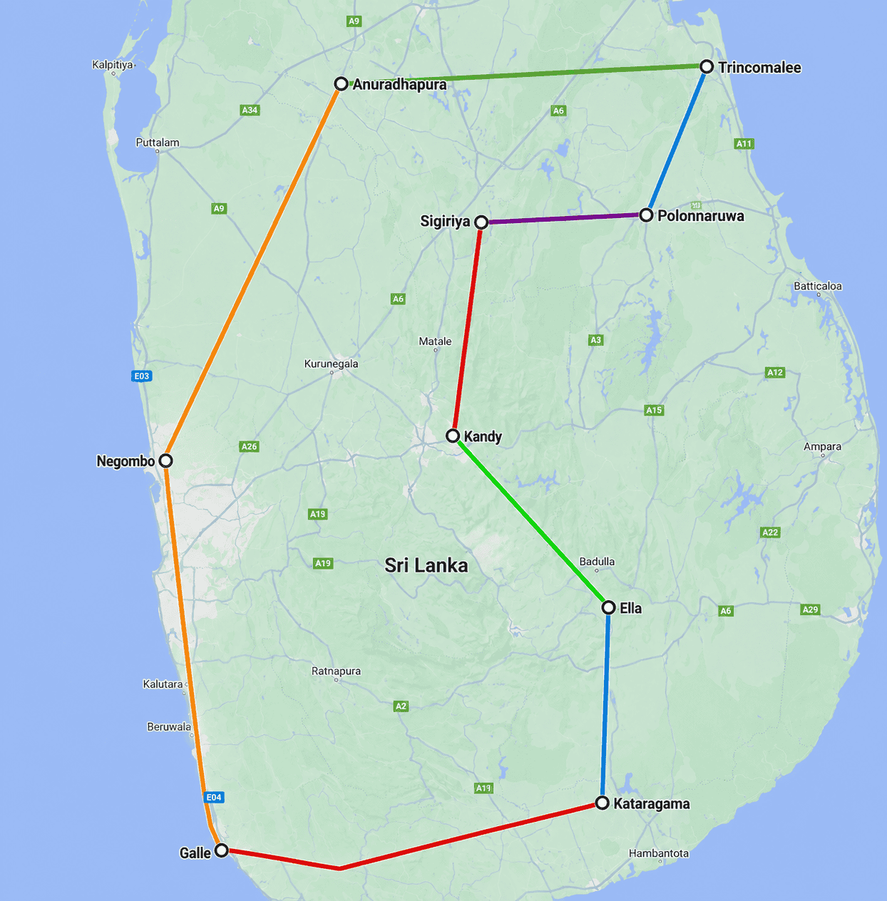 17-Day Tour Route Map — Sri Lanka